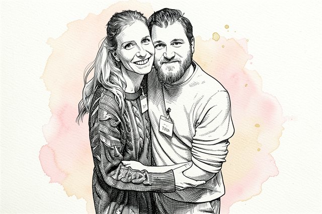 Paar als Tuschezeichnung mit zartem Aquarell-Hintergrund
