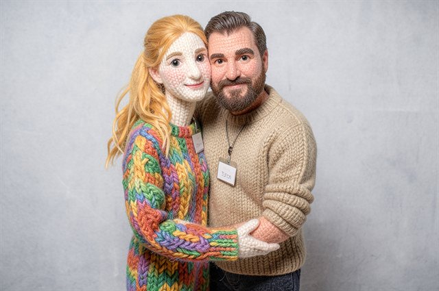 Paar als gestrickte Wollfiguren mit Strickpullovern und Wollgesichtern